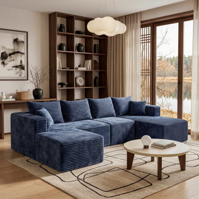 118" Modular Sectional Compression Sofa, U-Shaped Modern Corduroy Couch Set, 4 Pcs Contemporary Deep Seat Upholstered Couches Living Room Sectional With Chaise