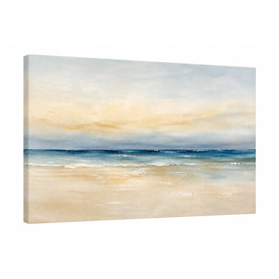 Calm Beige Blue Beach Horizon Canvas Wall Art, Soft Coastal Landscape Painting, Wrapped Canvas Wall Decor
