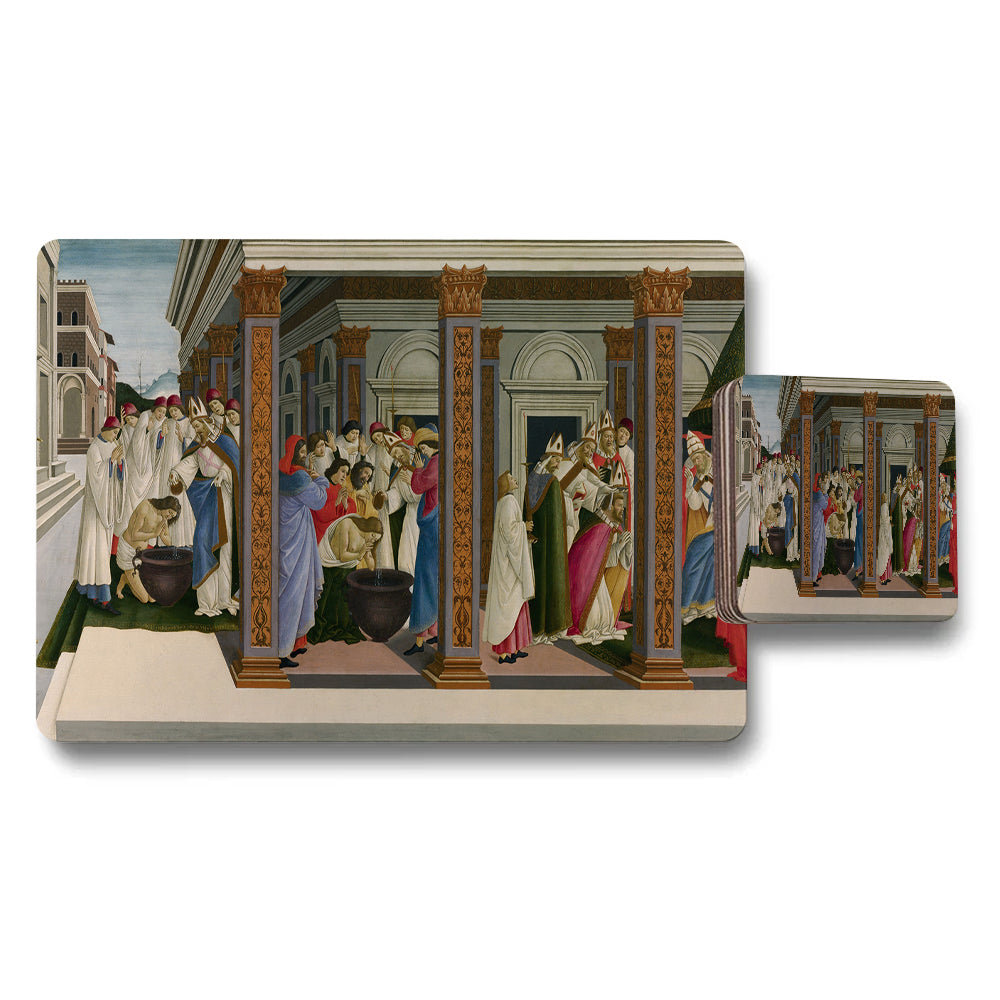 Placemat and Coaster Set with Renaissance Hall Scene Artwork