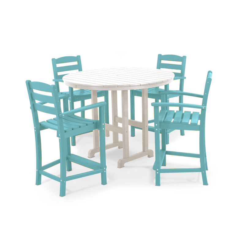 POLYWOOD La Casa Café 5-Piece Round Farmhouse Counter Set, Turquoise/White