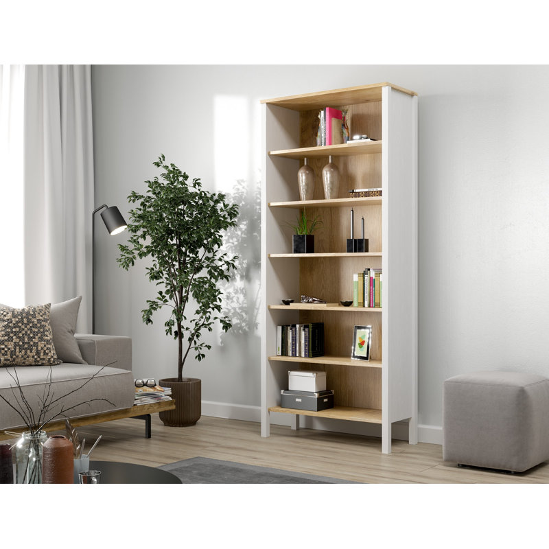 Bibliothèque moderne scandinave, 100% panneau de particules recouvert de mélamine, 32,7 x 76,4 x 13,8 pouces | Bande de chant de 0,7 pouce | Pieds en panneau de fibres à densité moyenne, poignées en métal, fixation murale, tablettes multiples, finition blanche et bois élégante