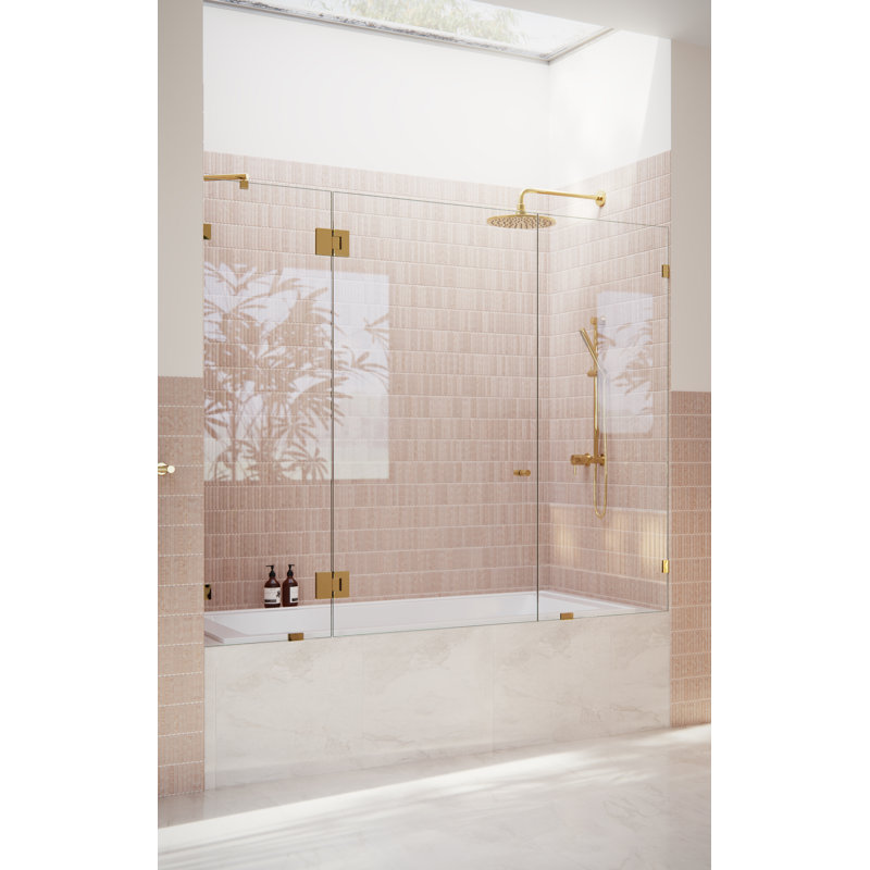 Stellar 72 in. W x 58.25 in. H Frameless 3 Panel Inline Hinge Bathtub Door, Polished Brass