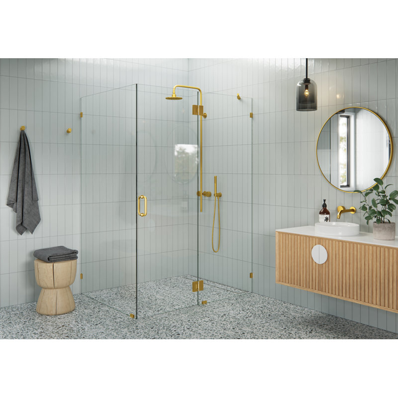 Halo 55 in. x 42 in. x 78 in. 90-degree Fully Frameless Glass Hinged Shower Enclosure, Satin Brass