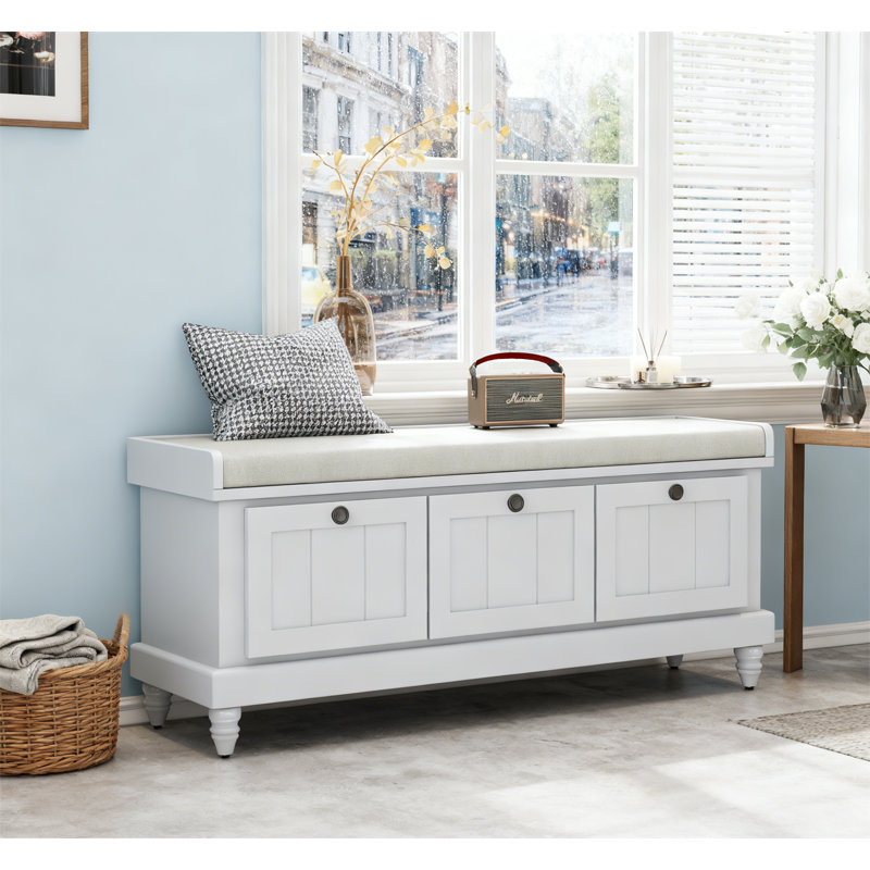 Banc à chaussures classique avec coussin et trois tiroirs, Gris clair