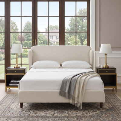 Mid-Century Wingback Upholstered Bed with Solid Wood Legs, Full, Cream Linen