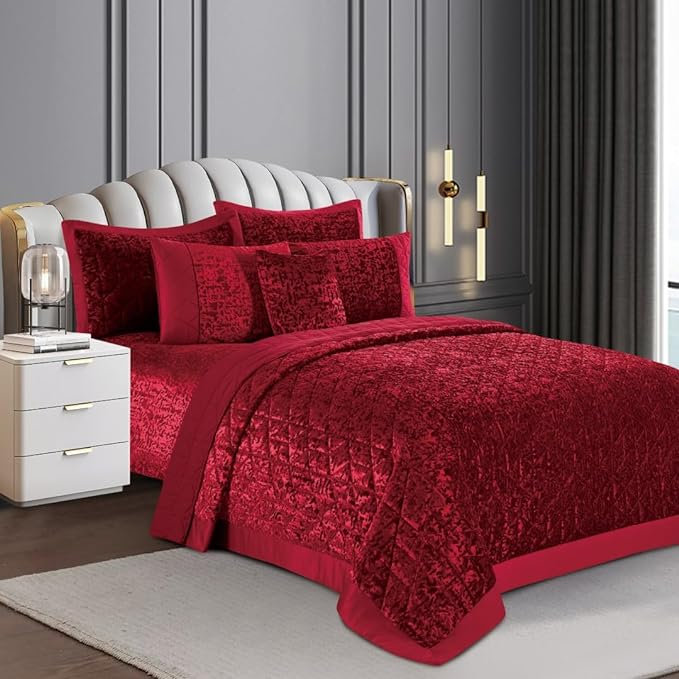 Bohara Crushed Velvet Plush Velvet Bedspread with Pillow Shams Included, Super King Bedspread + 2 Pillow Sham, Burgundy