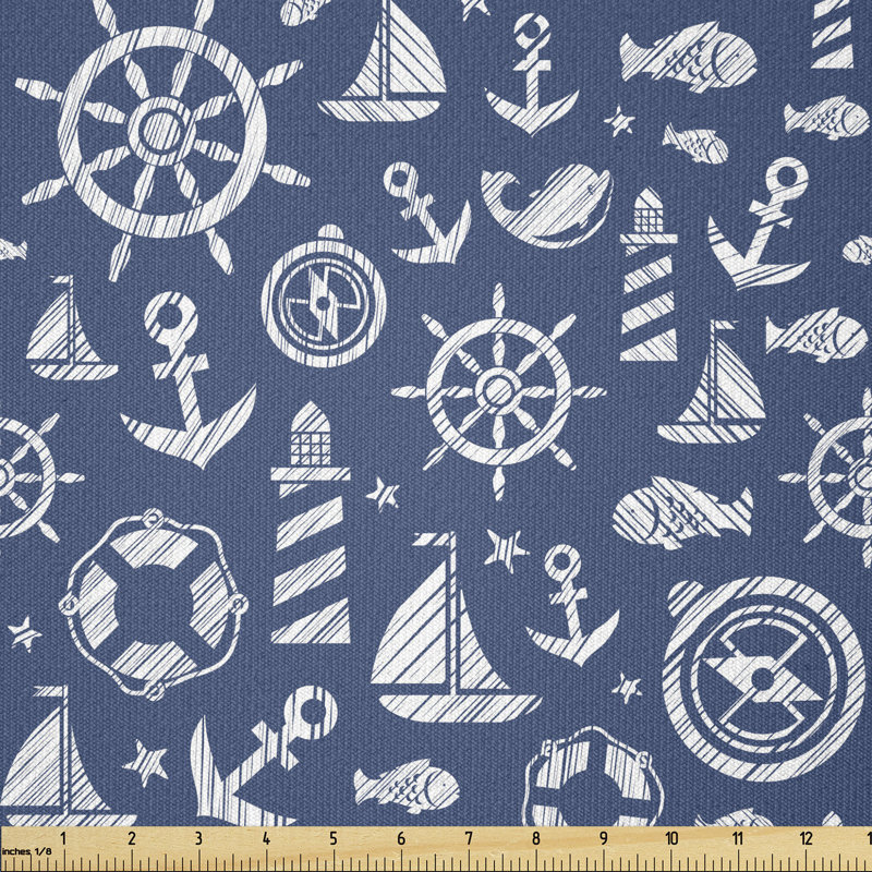 Deona Diagonal Hatched Nautical Elements Ship's Wheel Anchor and Marine Animals Multi-Purpose Fabric