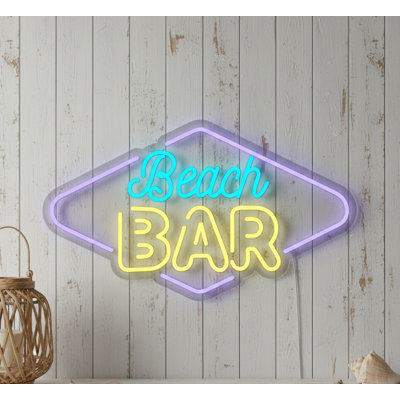  | Beach Bar Neon Sign | Crafted with Durable Shatterproof Neon Tubing That Provides Bright, Consistent Illumination in Sky Blue, Bright Yellow, and Lavender Colors for Stunning Nighttime Effects | 14x24 | Sky Blue, Bright Yellow, Lavender