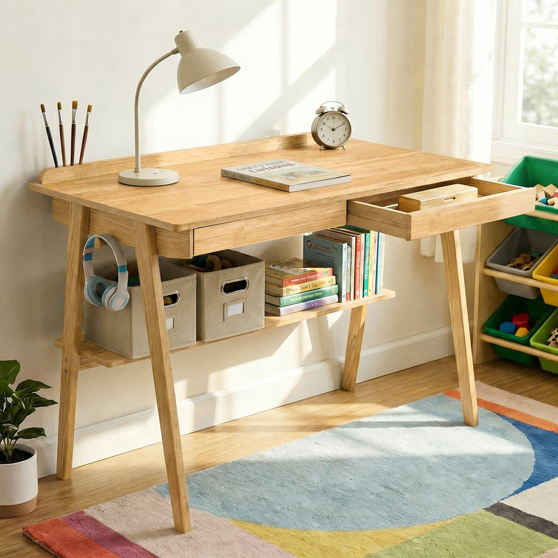 Bureau d'écriture en bois massif de style Mid-Century avec 2 tiroirs et tablette de rangement, bureau à domicile pour petits espaces, L 47,24 po