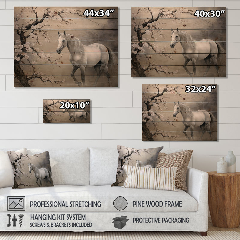 Asian Art HorseGray II sur bois, H 24 po x l 32 po x P 0,78 po