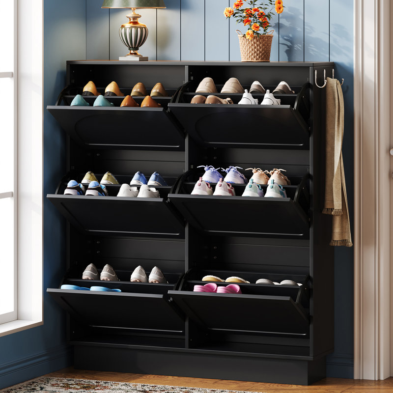24 Pair Shoe Storage Cabinet With 6 Flip Drawers, Black
