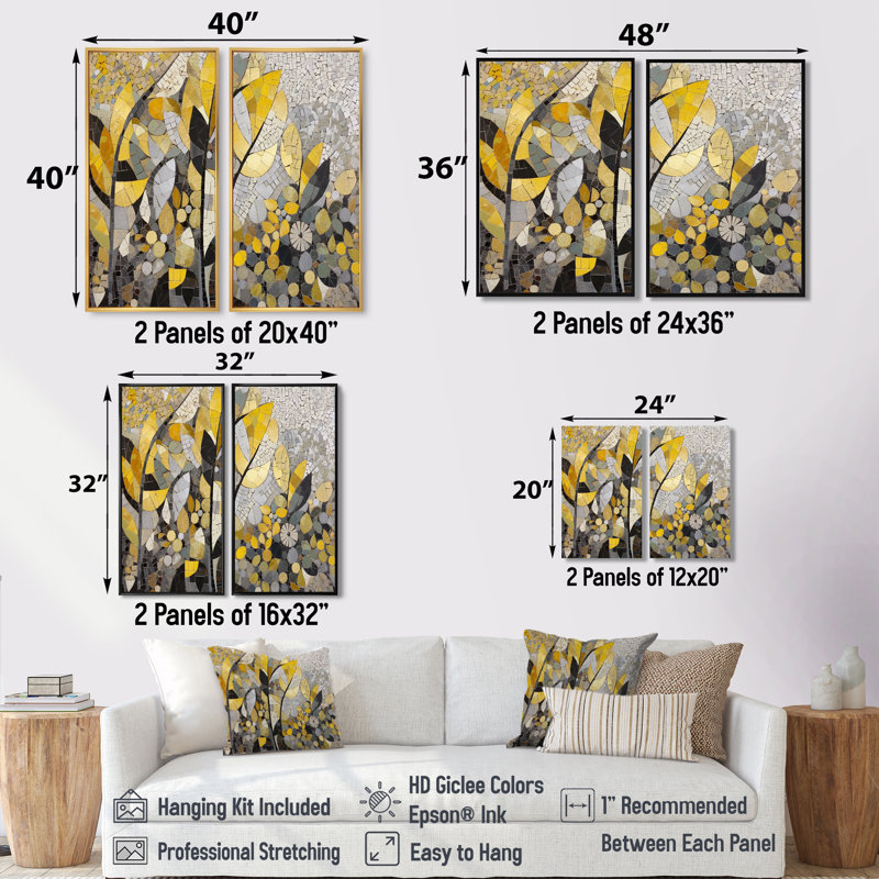 Motifs jaunes et gris en fusion artistique - art mural jaune, H 20 po x l 24 po, Impression encadrée flottante, Noir