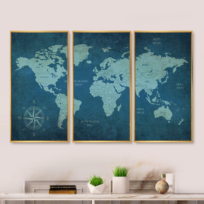 " Slate World Map II " 3 Piece Art Mixed Media Print