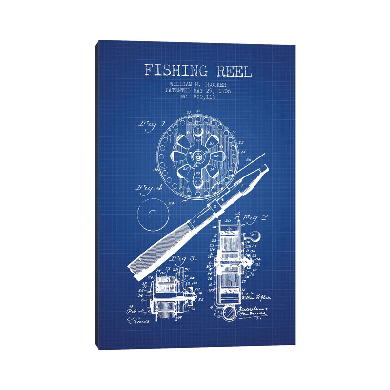 W.H. Glocker Fishing Reel Patent Sketch (Blue Grid) by Aged Pixel - Wrapped Canvas Print, 20.32 cm H x 30.48 cm W x 1.91 cm D