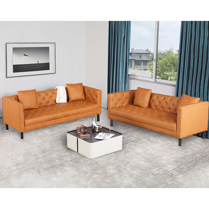 3 Seater Sofa With Tufted Back, Grain Leather Couch With Feather, Vintage Faux Leather