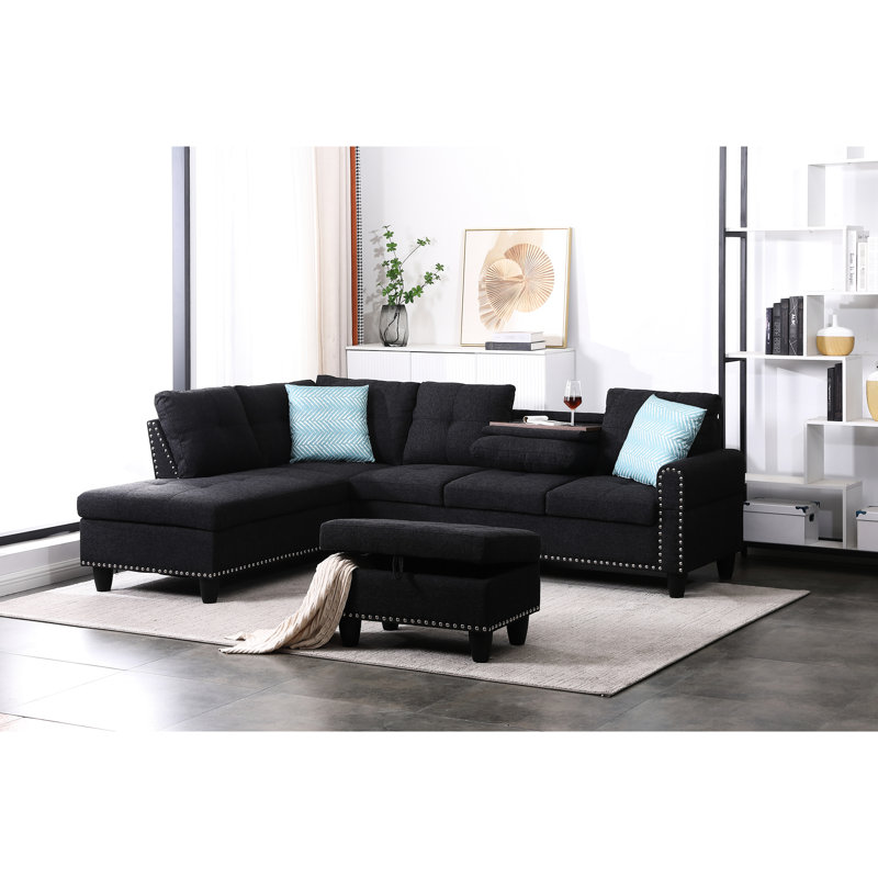 Rivet - Canapé modulaire en forme de L 3 pièces pour quatre soirées cinéma / cinéma, Charcoal Grey Faux Leather