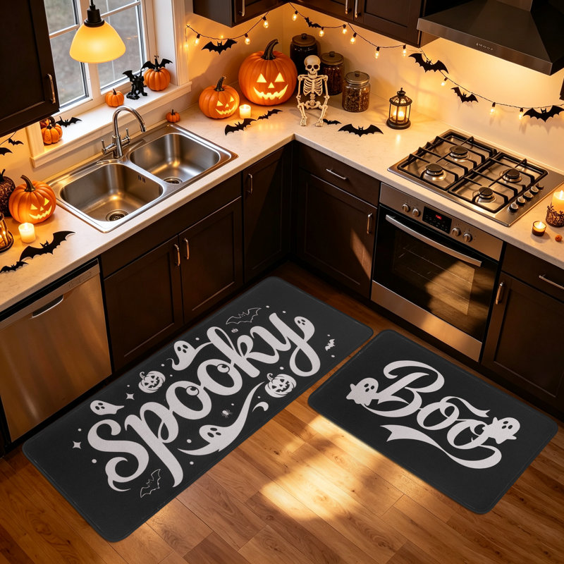 Tapis de cuisine d'Halloween en faux lin « Boo & "Spooky" » (lot de 2), noir et blanc