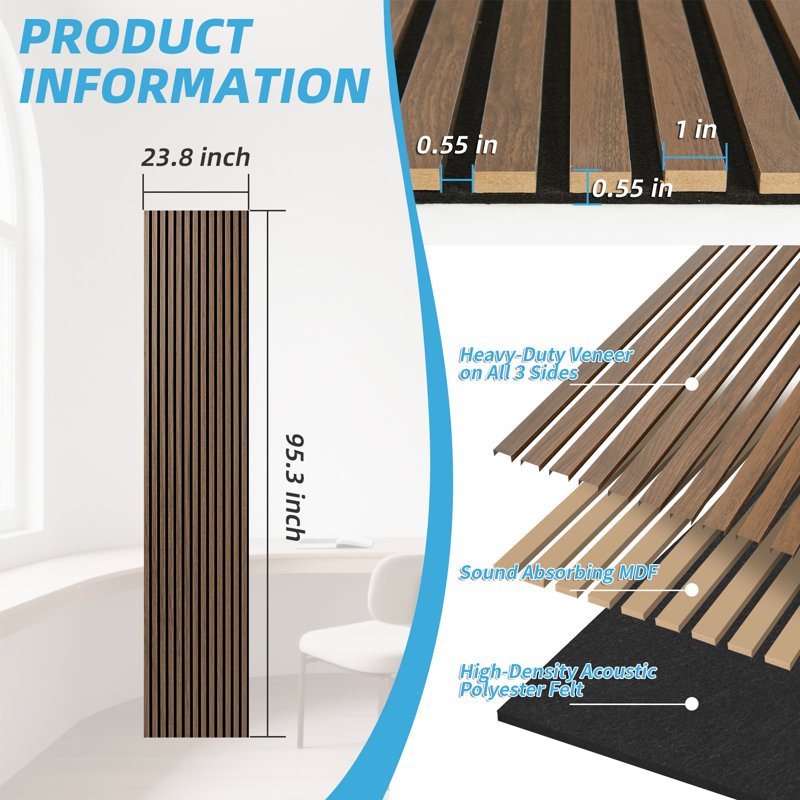 2 panneaux muraux à lattes 3D de 95,3 po x 23,8 po, panneaux muraux insonorisants pour le salon, décoration murale courbée (30,9 pieds carrés / caisse)