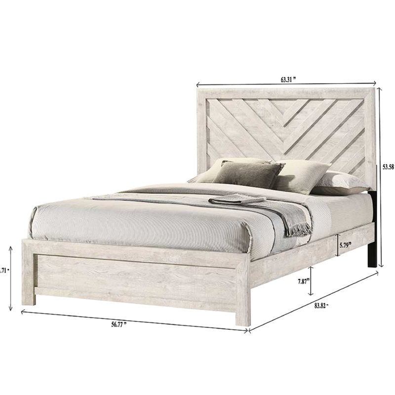 Grand lit rustique gris beige, motif de tête de lit géométrique, mobilier de chambre en bois massif, taille avec tête de lit