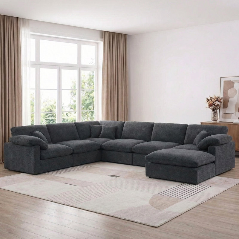 144" Chenille Sectional Corner Sofa 7 Pieces Oversized Comfy Modular Reversible Couch With Upholstered Movable Ottoman
