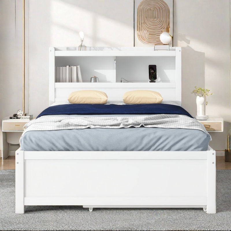 Lit plateforme avec lit gigogne, 3 tiroirs, tête de lit et prises USB, Blanc