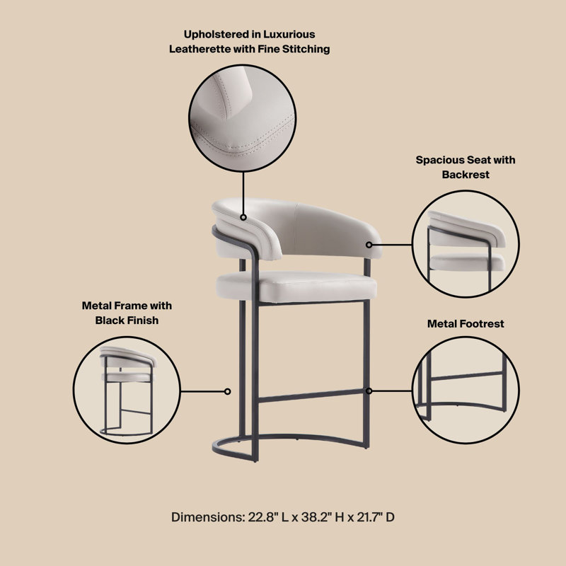 Benfeito Modern Vegan Leather Upholstered Metal Counter Stool in Light Grey, 2, Counter Stool 26.8",  Light Gray