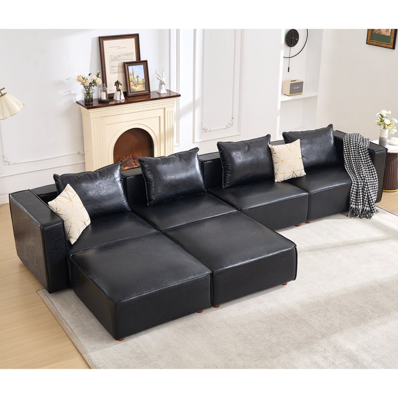 6-Piece 152.76” Leather Upholstered Sectional Sofa, Black