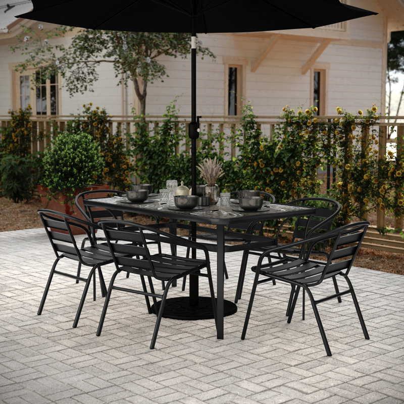 Nannie Rectangular Commercial Patio Dining Set with Tempered Glass Top Table and 6 Chairs