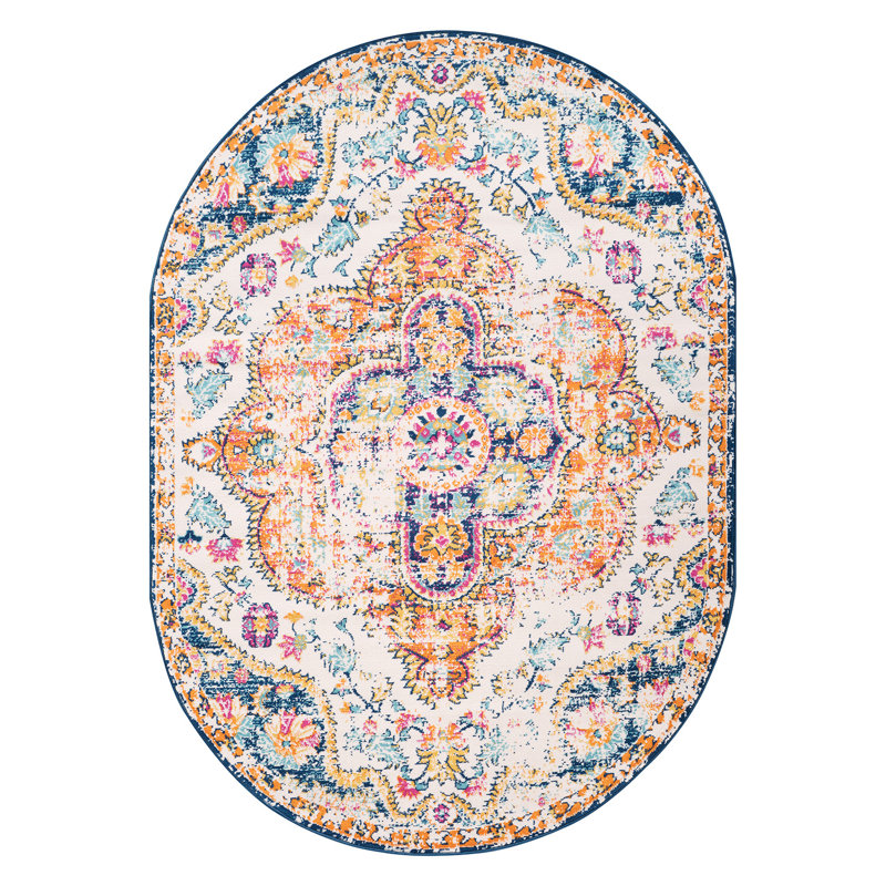 Beverly Oriental Orange/Blue/Cream Area Rug, Oval 5' x 7'