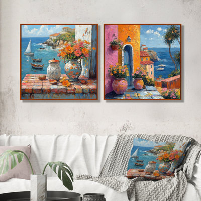 «Blue Coastal Charm in Portugal I», art mural de poterie de plage - art mural nautique pour le salon, 2 pièces
