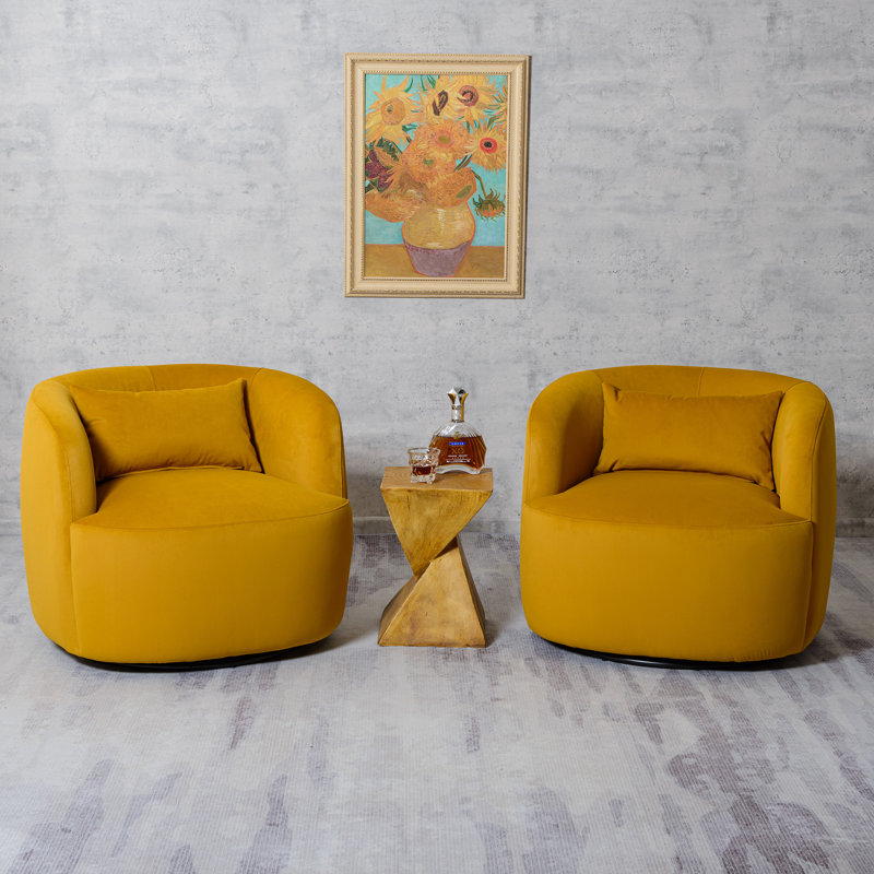 34" Wide Velvet Upholstered Swivel Armchair (set Of 2), Yellow Ochre
