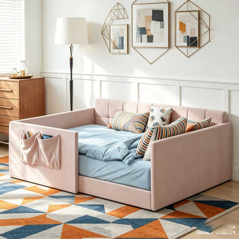 Daybed Velvet Upholstered Sofa Bed with High Side Panels and Side Entrance, Space-Saving Guest Bed with Storage Pockets, Twin