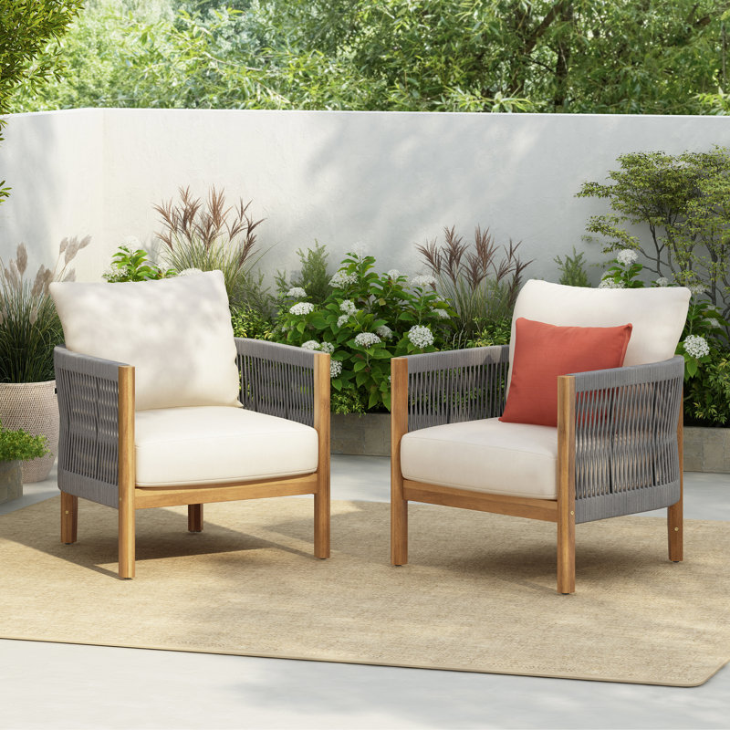 Harrill Outdoor Acacia Wood Club Chair With Cushions, Teak/Gray