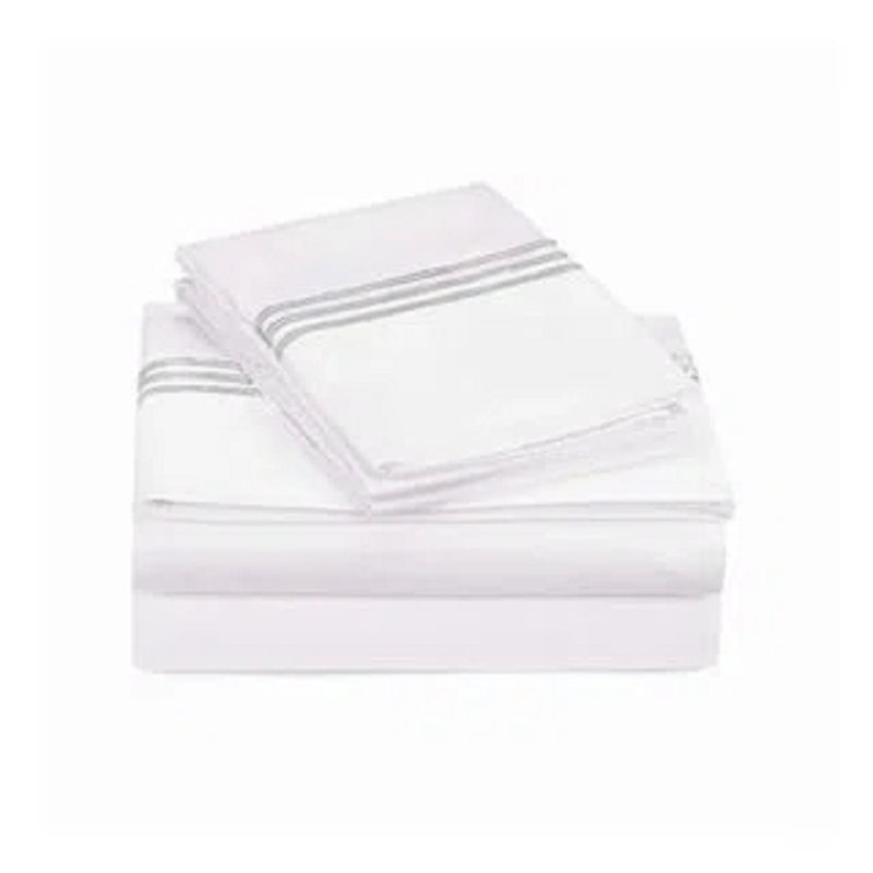 500TC Cotton Triple Embroidery Sateen Solid Cotton 4 Piece Sheet Set Fitted Sheet Fits Upto 16" Deep Pocket, White Border