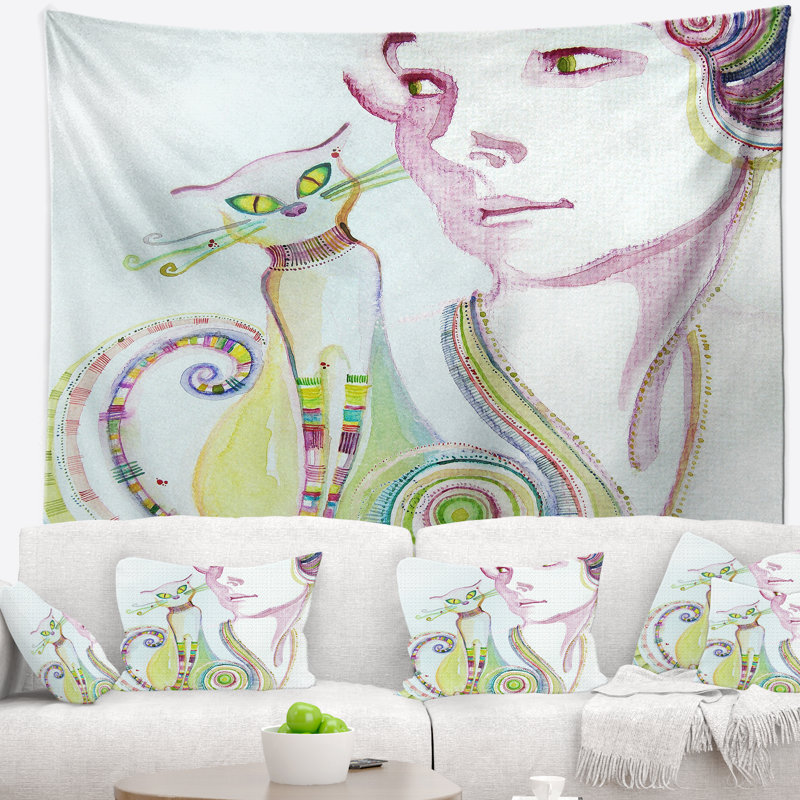 Jolie fille avec tapisserie chat Abstract, H 50 po x l 60 po