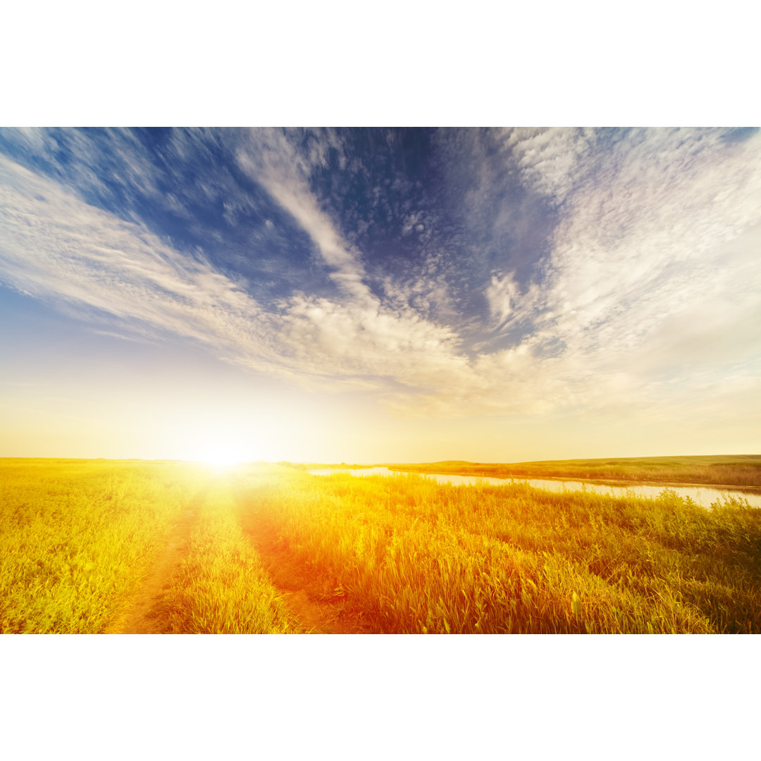 Einsames Feld mit Sonnenuntergang von Laoshi - Druck auf Leinwand ohne Rahmen