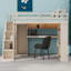 Lit mezzanine peu encombrant avec armoire intégrée, bureau, tablettes et éclairage-414784372