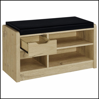 Open Shelf Storage Bench With Slide-Out Drawer And Faux Leather Seating, Perfect For Organized Living And Extra Seating.
