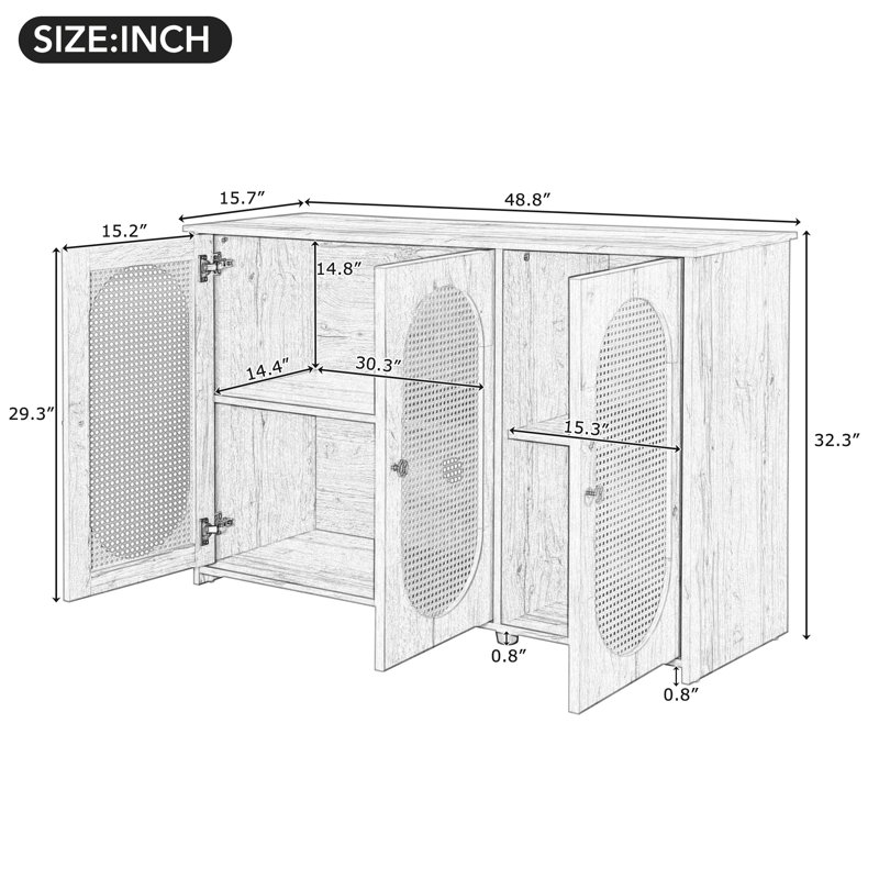 Retro 3-Door Sideboard With Large Storage Space Artificial Rattan Doors And Metal Handles, Blue