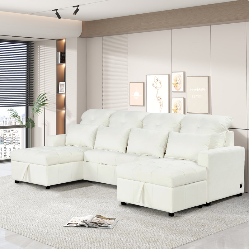 Canapé-lit modulaire de 110 po en forme de U avec 2 méridiennes de rangement, 2 ports USB et 4 coussins, Beige