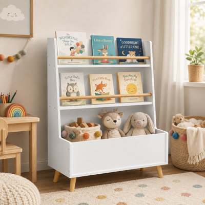 Étagère de rangement blanche pour enfants ; permet d'exposer des livres et des magazines tout en rangeant les jouets — un meuble polyvalent répondant à divers besoins de rangement.