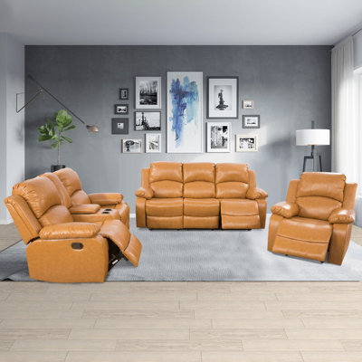 Vesada 3-Piece Faux Leather Reclining Living Room Set With Built-In Coffee Table And Console