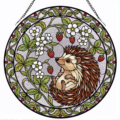 Hedgehog Strawberry Stained Glass Window Panel，7.8H