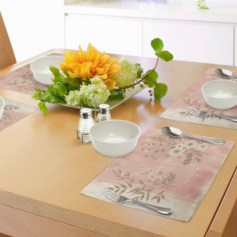 Blush and Dark Mustard Floral Polyester Rectangle Placemats, Set of 4