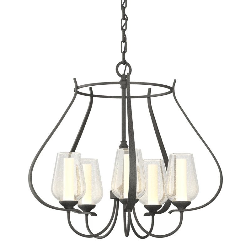 Lustre géométrique à 5 lumières Flora, Verre opale, Fer naturel