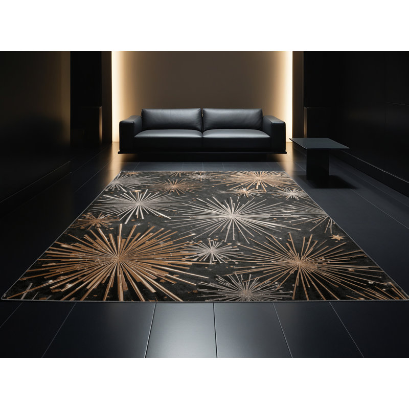 Tapis abstrait moderne et contemporain Aguayo lavable à la machine en brun - reliure grise, 8 x 10