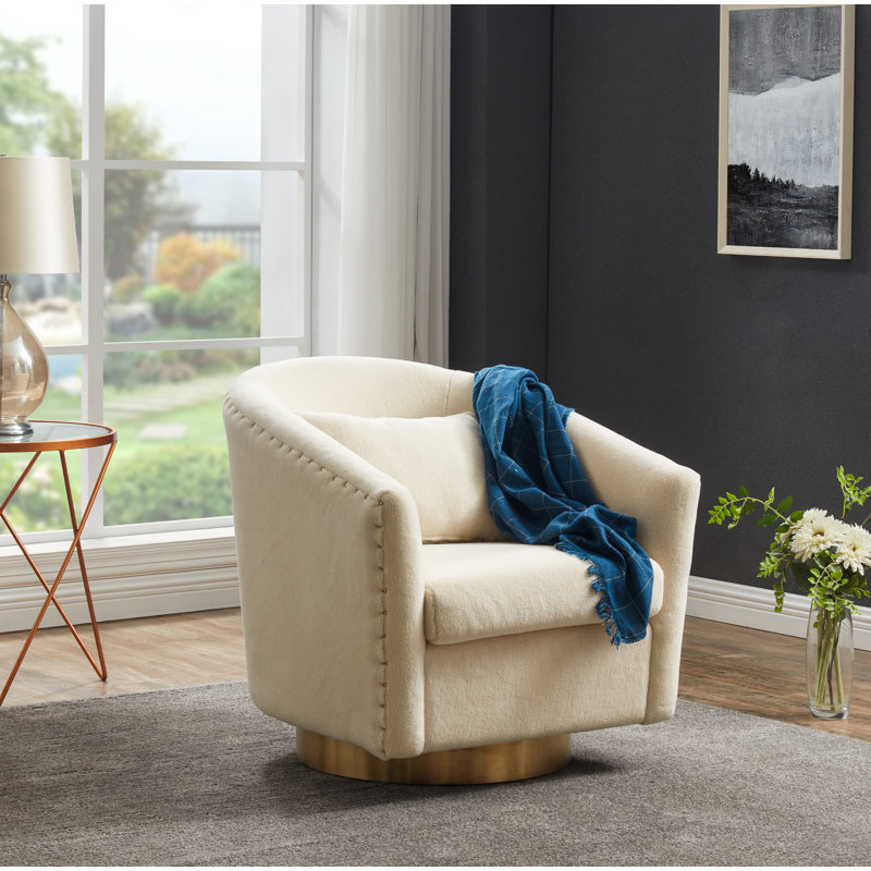 Skye Upholstered Swivel Barrel Chair, Ivory Faux Shearling, Gold