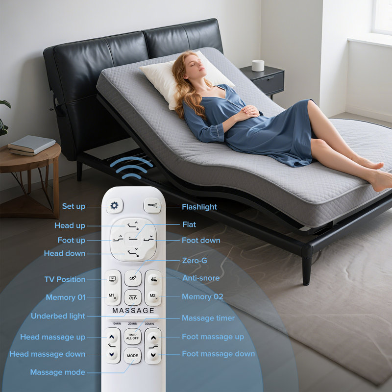 Base de lit réglable avec tête de massage et inclinaison du pied pour grand lit, USB, veilleuse sous le lit, position mémoire, position Zg
