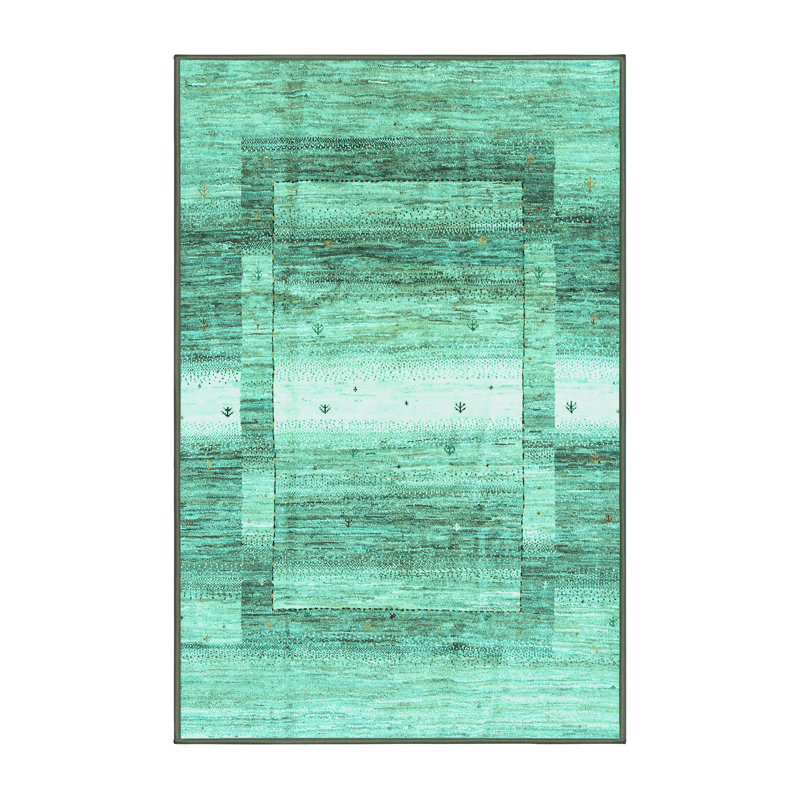 Tapis abstrait en laine et polyester tissés à la machine Ehtesham - bleu menthe / noir, Rectangle 7 pi x 10 pi