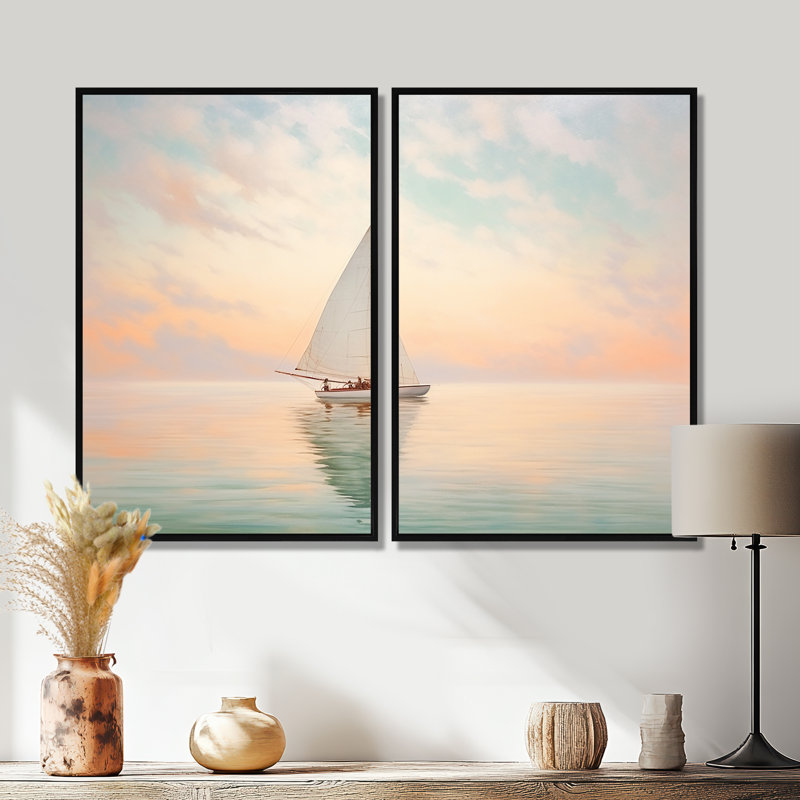 Bateau, "Ethereal Waters II" - art mural moderne gris, 36" H x 48" W, Impression encadrée flottante, Black